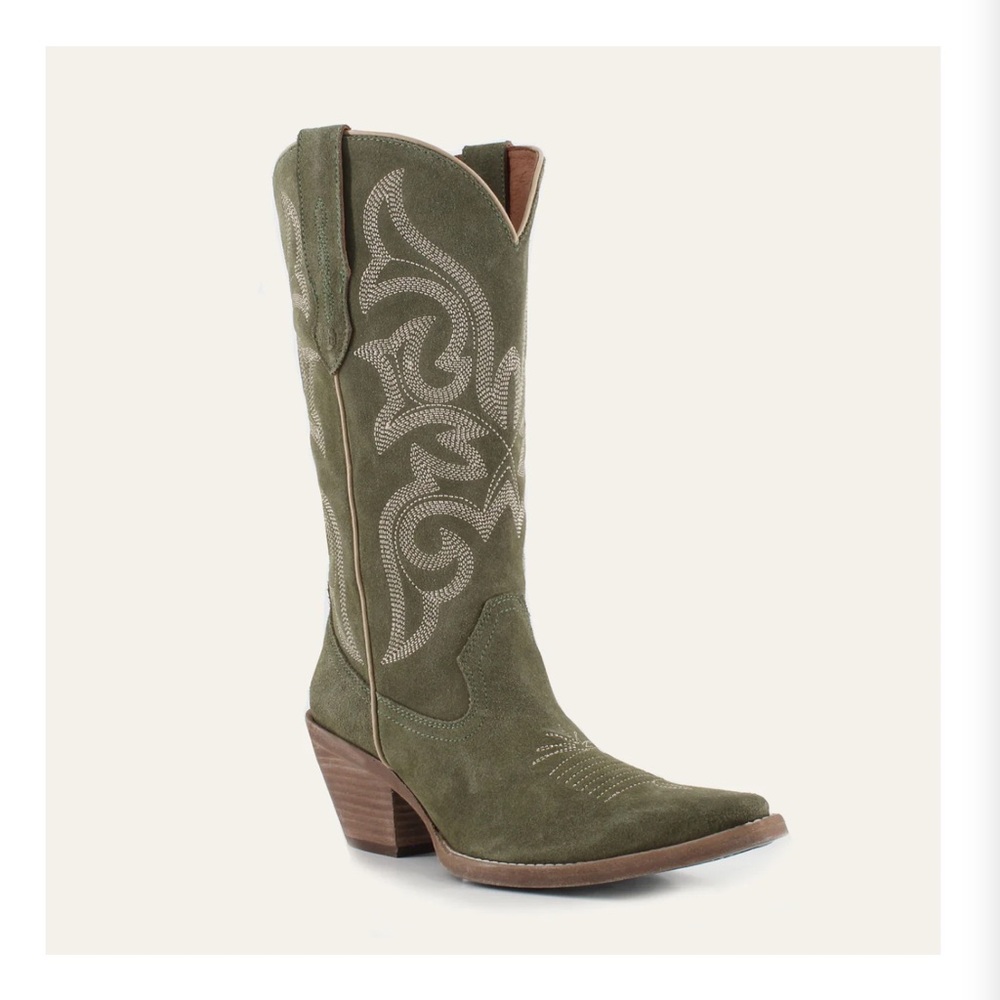 Buck & Brana Tessa Olive Suede Western Cowboy Boots - Picture 2 of 12